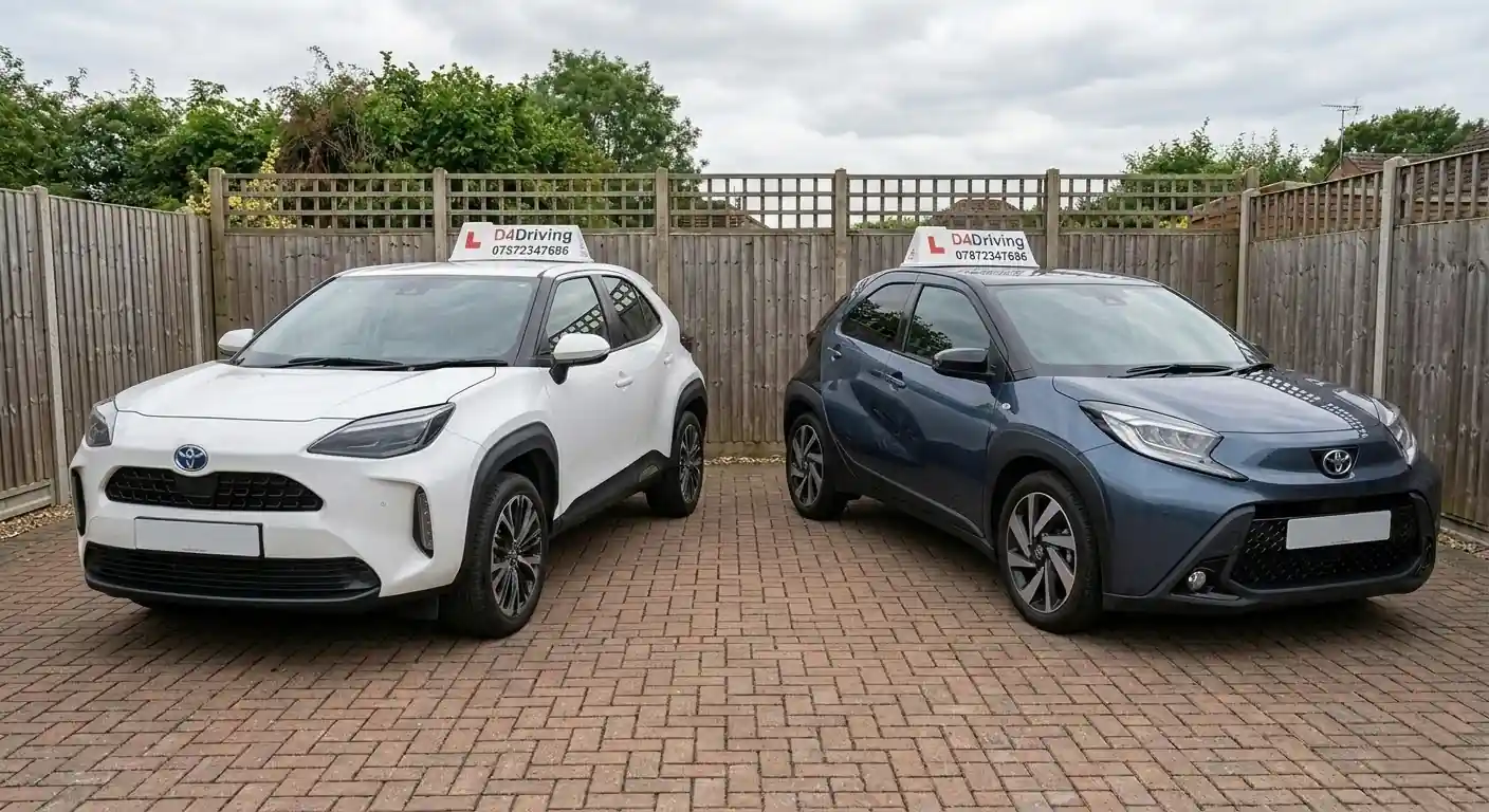 D4Driving School tuition cars - White Toyota Yaris Cross and Grey Aygo X